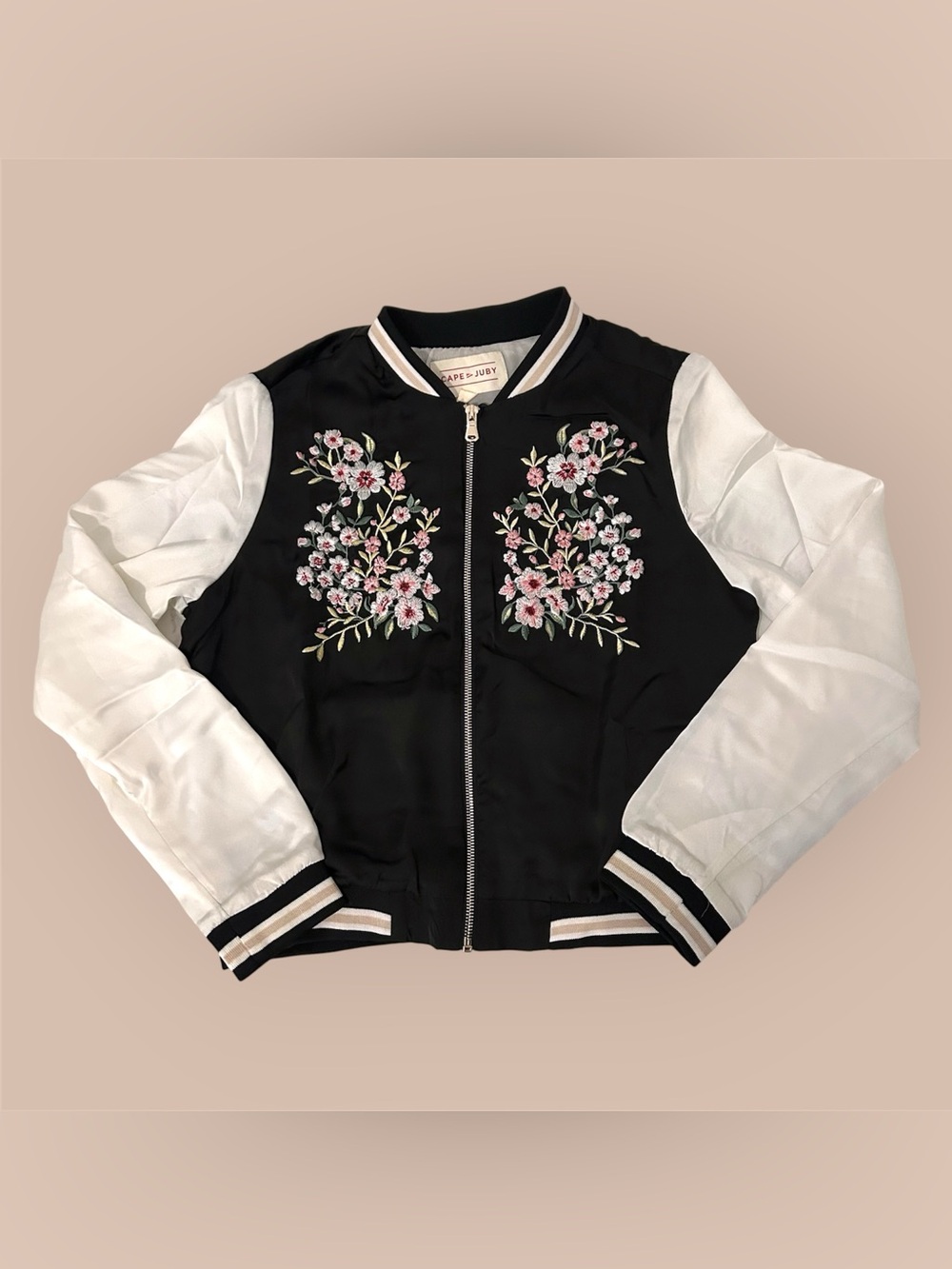 Womens Y2K Boho Floral Embroidered Zip Bomber Jacket Medium Satin Cape Juby READ